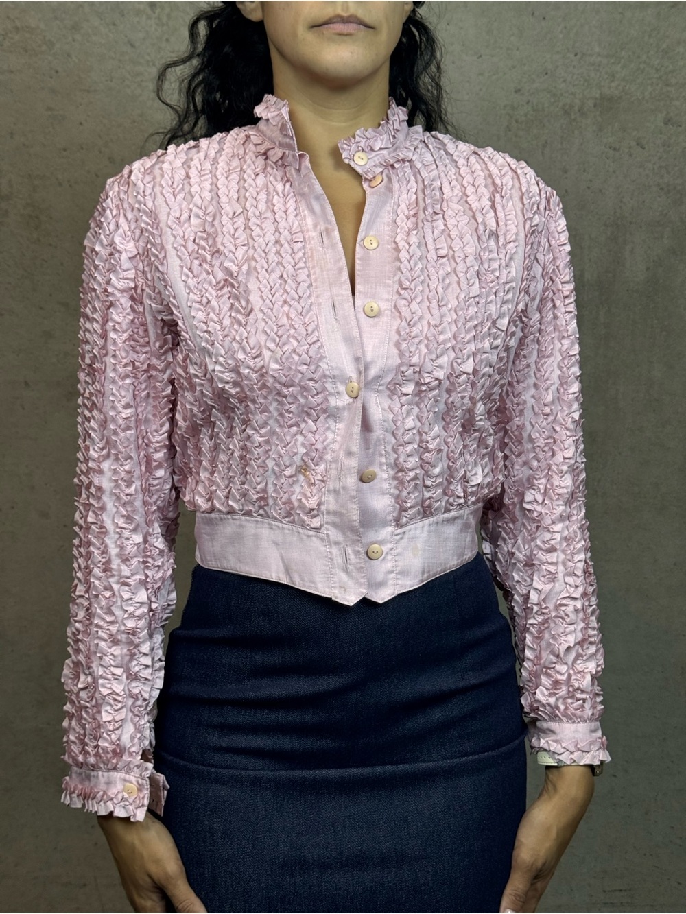Yukico / Yukiko Vintage Women's Pink Ruffled Button-Front Jacket Small